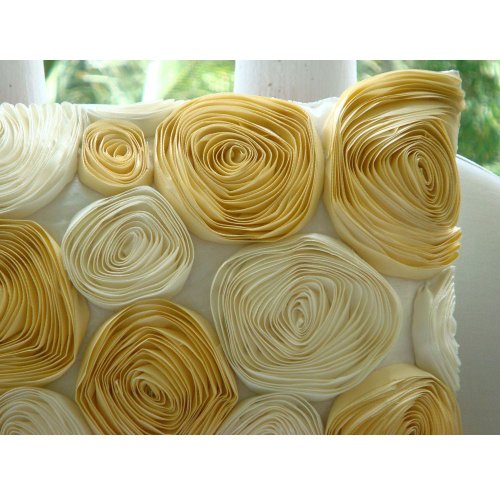 handgefertigt Elfenbein Kissenbezüge, Band-Goldrosen-Blume Floral Theme Kissen Decken, 50×50 cm Kissen Decken, Blumen Modern Kissenbezüge, Platz Seide Werfen Kissen Decken – Gold N Ivory Blooms - 2