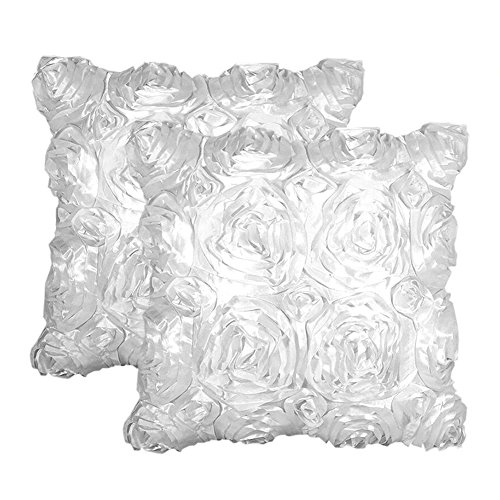 Oriskey 2er-Set 3D Satin Rose Blumen Kissenhülle Kissenbezug Kissenbezüge Dekokissen Kissen Fall Haus Bett Sofa Couch Zimmer Auto Dekorative Weiß 42x42cm