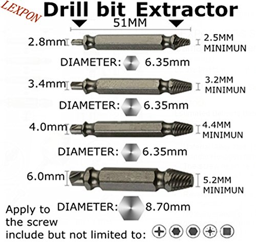 LEXPON 4 Stück Double Side Beschädigte Schraubenausdreher Bolzenzuchtwerkzeug Screw Extractor Out Remover Stiftschraube - 6