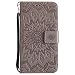 Produktbild DENDICO Galaxy J3 2017 Hülle, Premium Leder Wallet Tasche Etui Sonnenblume Prägung Hülle mit Magnetverschluss, Flip Brieftasche Handy Schutzhülle für Samsung Galaxy J3 2017 - Grau