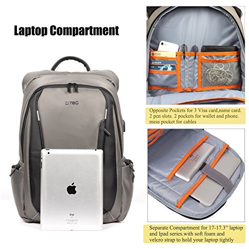 DTBG 17,3 Zoll Laptop Rucksack mit USB Port Nylon Rucksack Reise Rucksack Wasserdicht Rucksack für 17 – 17,3 Zoll HP / Dell / Asus / Lenovo / Männer / Frauen (Schwarz) - 3