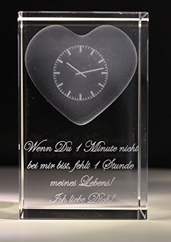 VIP-LASER 3D Glaskristall Quader XL 3D Herz mit Uhr und Text "Wenn Du 1 Minute nicht bei mir bist, fehlt 1 Stunde meines Lebens! Ich liebe Dich!" graviert