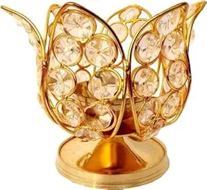 Designer Decorative Brass Metal Crystal Lotus Kamal Decorative Diya Oil Lamp Stand for Puja and Home Décor (Small)