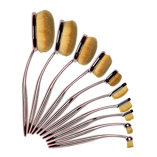 Nestling® Oval Make-up Pinsel Set, 10 Stück Professionelle Foundation Concealer Verblender Pinsel Flüssiges Pulver Creme Kosmetik Pinsel, Zahnbürste geschwungene Make up Pinsel für Gesicht und Augen (Rose) - 4