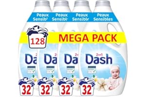 Dash 2in1 Lessive Liquide 32 Lavages, Tiaré Et Fleur de Coton, Peaux Sensibles, Fabriquée en France et testée dermatologiquement ( LOT DE 4).