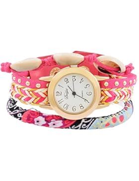 Souarts Damen Armbanduhr Geflochten Band Deko Nationalen Stil Uhr mit Batterie Charm Geschenk Rosarot