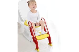 AYNEFY Deska sedesowa dla dzieci z nocnikiem, trener toaletowy, składana, regulowana nakładka, antypoślizgowe, z drabinką z regulacją wysokości i uchwytami, kolor czerwony i żółty