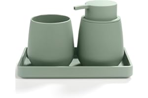 AJEUNGAIN Juego de Baño Accesorios Verde, 3 Piezas Set de Baño Moderno - Dispensador de Jabón, Soporte Cepillo de Dientes, Bandeja para Organizar (Verde)
