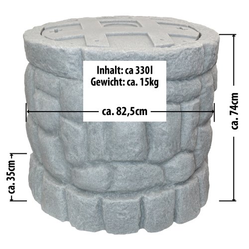 Regentonne Märchenbrunnen granit-grau 330 l, Regenfass FROSTSICHER mit stabilem Deckel und Wasserhahn, schöner und fast unverwüstlicher Regenspeicher, echte Steinstruktur, BRUNNEN wie gemauert - 3