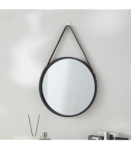 Modern Leather Round Hanging Mirror, Natural And Tan, 30" Diam, West Elm