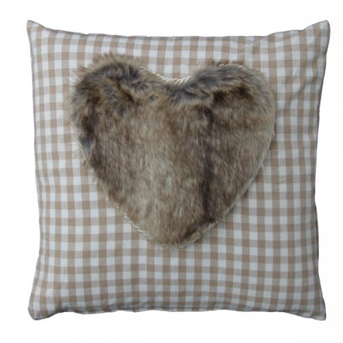 Dekokissen braun kariert mit Herz aus Fell vorne 40x10x40 cm von Lazis