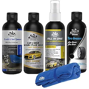 uniwax combo car care products, all- in- onepolish ,scratch remover, tyre dresser, car wash plus wax shampoo and microfiber cloth