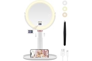 B Beauty Planet Magnifying Mirror with Light 30X/1X, Height Adjustable Makeup Mirror with Digital Display, Detachable for Travel, Bathroom Vanity Mirrors with Cell Phone Holders and Tweezers (White)