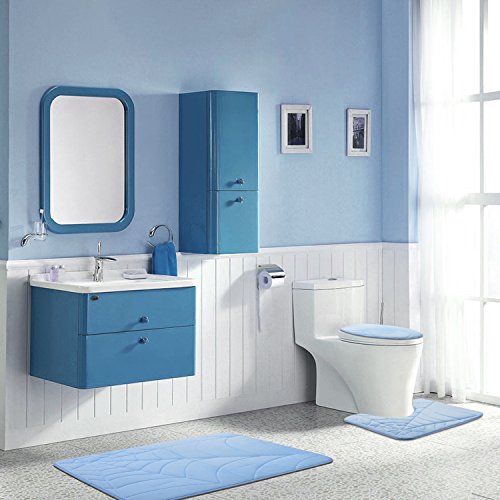 Diossad 3 Teilig Badematte Set Blau Mikrofaser Flanell Badezimmerteppich Rutschfest Badvorleger WC Vorleger Toilettensitzabdeckung - 2