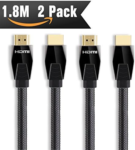 HDMI Cable 1.8m (2 Pack)( The Highest Speed ) Nylon Braided HDMI 2.0 Cord, 18Gbs Support 4K, Ethernet, ARC, UHD, 3D, HDR for 4K/HD TVs, PS4/3, Xbox one, PC, Displays and More + Right Angle Adapter