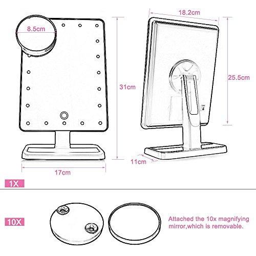 LED Makeup Spiegel mit 20 dimmbaren LED, Touch Screen Dimmen Eitelkeitsspiegel, Beleuchteter Kosmetikspiegel mit Abnehmbarem 10X Vergrößerungsfleck, Bidirektionierter Drehbarer LED Spiegel für Rasieren, Ankleiden, Tisch, Schreibtisch (Schwarz) - 6