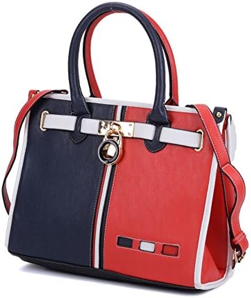 Ladies Patchwork Contrast Tote Bag With Lock in Red Blue &amp; White, Square Handbags (Navy Red)