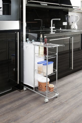 WENKO 12100100 Sammelwagen Slim – 3 Etagen, abnehmbarer Sack, Fassungsvermögen 28 L, pulverbeschichtetes Metall, 20 x 58 x 80 cm, Grau - 12