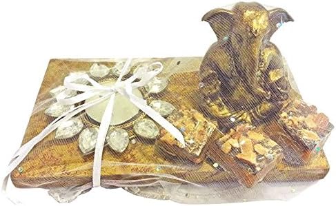 Golden Tea Light Stand with Ganpati Motif: Home - 7" x 4" x 5"
