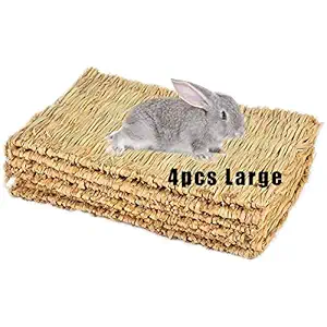Hamiledyi Grass Mat Woven Bed Mat for Small Animal 4PCS Large Bunny Bedding Nest Chew Toy Bed Play Toy for Guinea Pig Parrot Rabbit Bunny Hamster Rat
