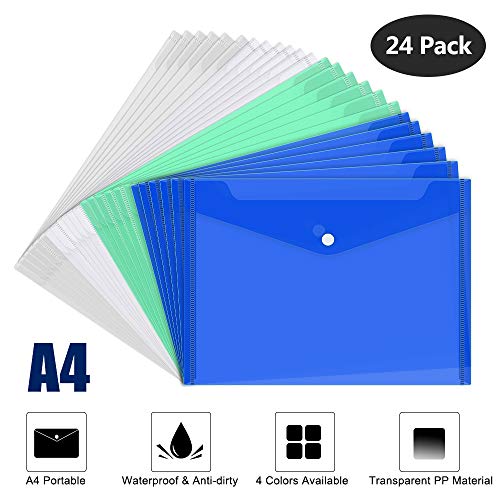 Fayttoli 24 Piezas Carpeta para Documentos A4 - Carpetas Plástico con Cierre a Presión - para Documentos, Certificados, Recibos (Transparente, Blanco, Verde, Azul)