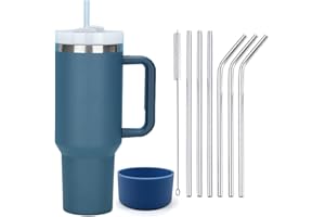 Moollyfox Tazza termica a doppia parete, in acciaio inox, 1200 ml, con manico, aggiornamento, tazza da caffè, tazza da viaggio, tazza termica con cannuccia in acciaio inox e coperchio in silicone