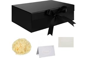 KISPATTI Gift Box Set, Black Gift Box with Ribbon Large Gift Box With Magnetic Lids 32x22x10cm Gift Box Shredded Tissue Paper Greeting Cards for Christmas Birthday Wedding Anniversary