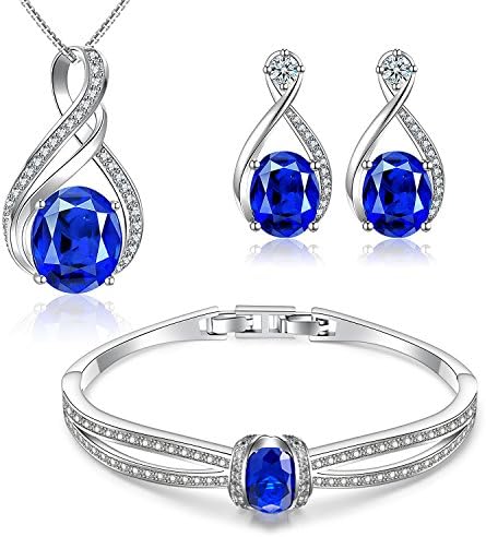 Menton Ezil "Enchanted Love" Swarovski Element Necklace Earrings Tennis Bracelet 18K White Gold Plated Wedding Jewelry Set Ocean Blue - Gifts for Her