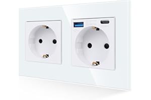 JIMEIDA Enchufe Doble con USB en Blanco, Enchufes Schuko de Cristal de 16Amp con Conector USB de Carga Rápida y Puerto Tipo C max.3.1A, -157 * 86mm, 250V, 2 compartimento