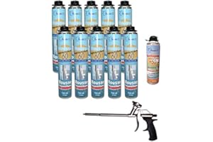 DSTOCK60 - LOTTO DI 10 SCHIUME PISTOLABILI + 1 PISTOLA + 1 PULITORE - SCHIUMA ESPANSIBILE 750 ML - SCHIUMA POLIURETANICA PROFESSIONALE - ISOLANTE, COLLA E REPLUG - ESTERNO ED INTERNO