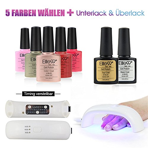 Elite99 Nagellack Set Farblack UV Lampe 5 Farblack Nagelstudio-Sets (1X UV Lampe fuer naegellack 5x Farblack 1x Unterlack(Base Coat) 1x Ueberlack(Top Coat))
