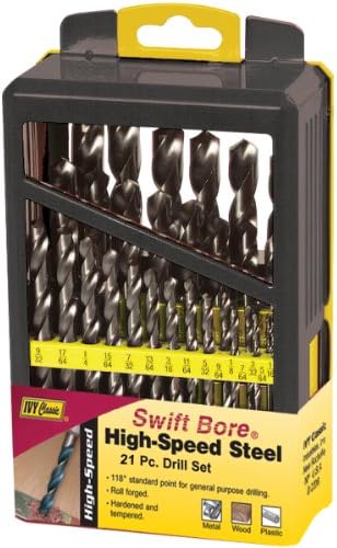 Ivy Classic 10393 21 Piece Swift Bore High Speed Steel Roll Forged Drill Bit Set, Sturdy Metal Case