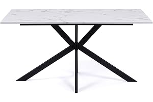 IDMarket - Tavolo da pranzo rettangolare per 8 persone ALASKA con effetto marmo bianco e gamba a ragno in metallo 160 cm