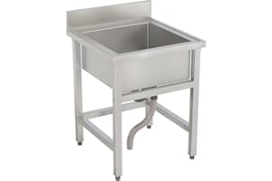 FIDOOVIVIA Commercial Stainless Steel Restaurant Sink with Drain & Backsplash - Single Bowl for Kitchen, Garage, Bar, 60x60x80cm (No Tap)