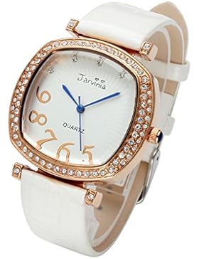 JSDDE Uhren,Elegant Frau Damen Armbanduhr Strass Quadrat Damenuhr Echtleder Armband Rosegold Analog Qaurzuhr,Weiss