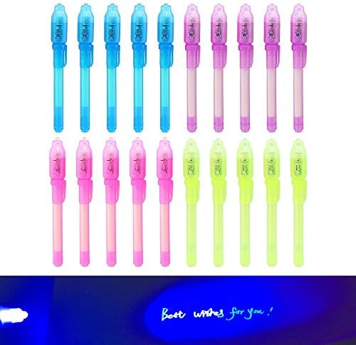 TXY Invisible Ink Pen &amp; Black Light Combo, 4 Colors (Red, Blue, Yellow, Purple), Set of 20pcs