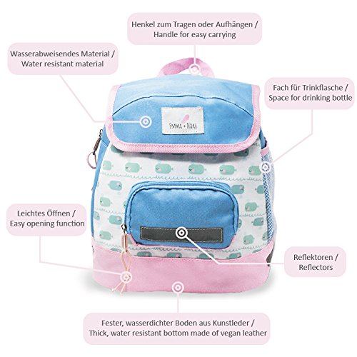 Emma & Noah sac à dos Petite Baleine pour enfant, 2 - 6 ans, imperméable, avec réflecteurs, ceinture pectorale, sac à dos pour bébé / enfant / tout-petit, école maternelle (Filles)
