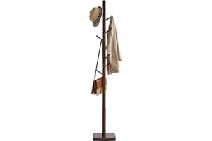 YMYNY Coat Rack Stand with Square Base, Wooden Coat Tree, Hall Tree Free Standing with 8 Hooks, Clothes Stand for Coats, Hat, Handbag, Umbrella, for Office, Hallway, 29 x 29 x 176CM Brown HCR002H