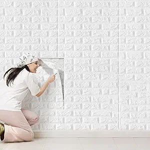 WOW Interiors 3D Wall Sticker PVC Foam Brick Self-Adhesive Wallpaper 6mm Thick PE Foam, Washable Wall Paper Sheets for Living Room Wall for Bedroom, Office, Kitchen 77cm x 70cm (White Brick)