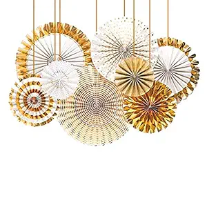 Party Propz Golden Paper Fans Decoration Items-8Pcs Set for Adult, Husband, Wife, Girls Or Boys Birthday/House Wall Decorations/Anniversary/Christmas/New Year Theme Decorative Supplies