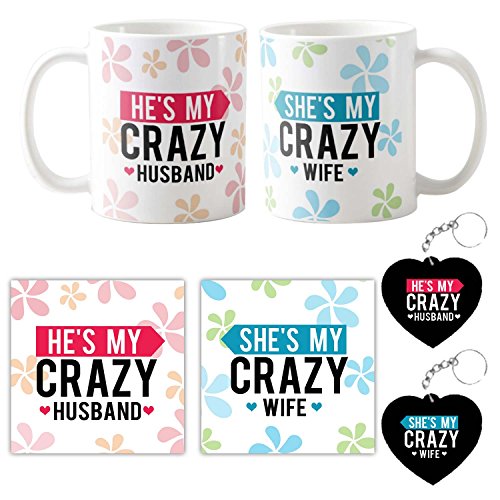 Anniversary Gifts for Couples, Designer panda,Crazy Husband Wife, Gift Combo Set of 6 containing 2 Mugs, 2 Keychains, 2 Coasters