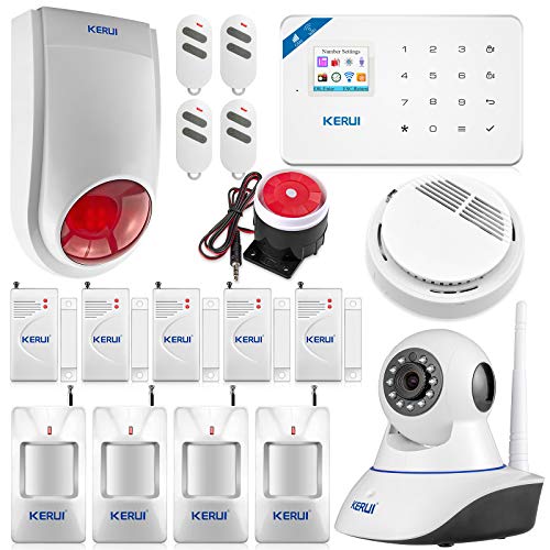 KERUI W18 WiFi Kit Alarma Casa GSM con 4 PIR, 5 puerta/cristal, sirena exterior, IP cámara vigilancia seguridad WiFi IR