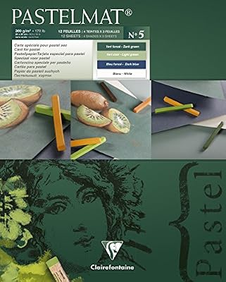 Clairefontaine 96114C Pastelmat bloc collé 12F 24x30cm 360g carte pour pastel Vert Foncé, Vert Clair, Bleu Foncé, Blanc