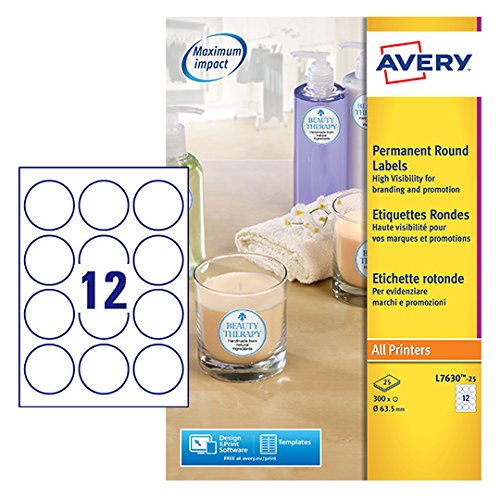 Avery España L7630-25 - Etiquetas blancas redondas 63.5 mm caja de 25 hojas