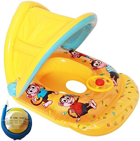 Raintwo Inflatable Baby Swimming Ring Seat Cute Cartoon Monkey Float Boat for 6-36 months' Baby with Sunshade and Air Pump - Yellow