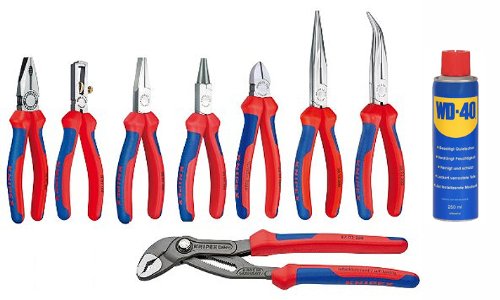 Knipex Montage Zangen - Kombizange - Abisolierzange - Seitenschneider - Flachrundzange - Storchschnabelzange - Cobra® Hightech-Wasserpumpenzange - 8tlg - und Zugabe
