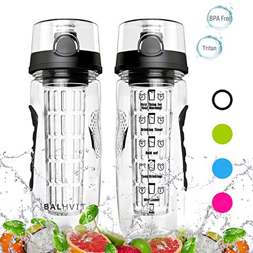 Balhvit Botella de Agua de motivación, Botella de Agua para Deportes a Prueba de Fugas [BPA Free Tritan] Botellas de Agua con infusor de Frutas de plástico con Marcas de Tiempo