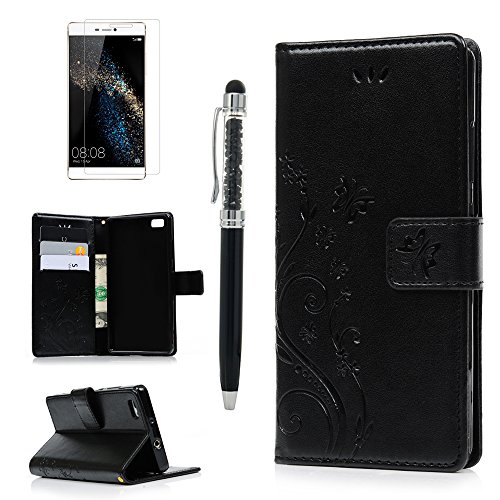 P8 Lite Hülle, Huawei P8 Lite Tasche YOKIRIN Schwarz PU Leder Handytasche Drucken Schmetterling Weinstock Wallet Schutzhülle Kunstlederhülle Taljereep Kredit Kartenfächer Case Book Cover Flipcase