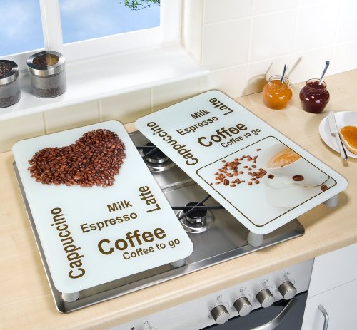 Wenko 2521435500 Herdabdeckplatte Universal Kaffeegenuss – 2er Set, für alle Herdarten, Gehärtetes Glas, 30 x 1.8-4.5 x 52 cm, Mehrfarbig - 2