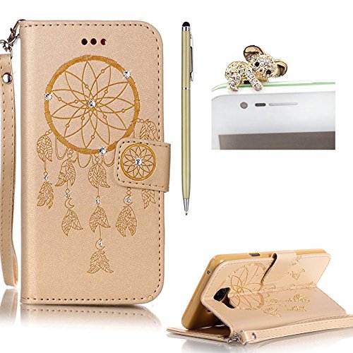 SKYXD für Samsung Galaxy A3 2016 A310F Hülle Leder Traumfänger Blumen Drucken Muster,Brieftasche Klappbar Glitzer Strass PU Folio Schutzhülle [Kartenfach / Magnet / Standfunktion / Trageschlaufe] Inner Silikon Klapphülle mit [Handyanhänger + Eingabestift] 3 in 1 Zubehör Handy Tasche Etui for Samsung Galaxy A3 2016 A310F Bookstyle Flip Case Leather Cover With [Stylus and Dust Plug]- Gold